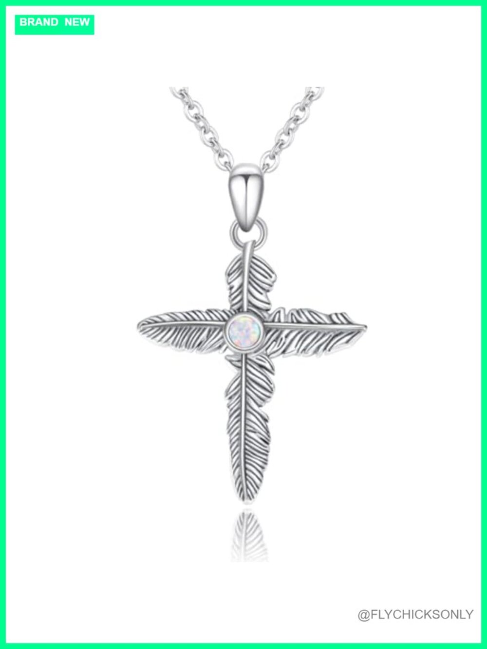 925 Sterling Silver Feather Cross Pendant Necklace with White Opal Tiger's Eye